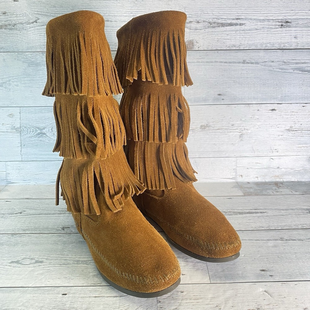 Minnetonka Boots Womens 9 Brown Suede Leather Tall Moccasins Fringe Native 1632